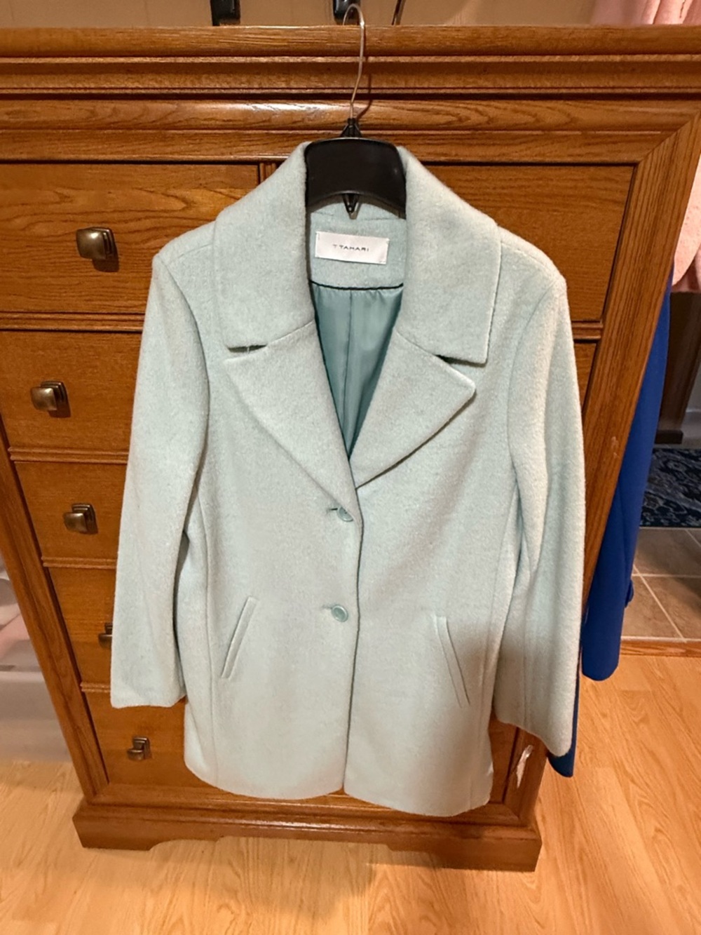 T Tahari Mint Green Wool-Blend Single-Breasted Pea Coat